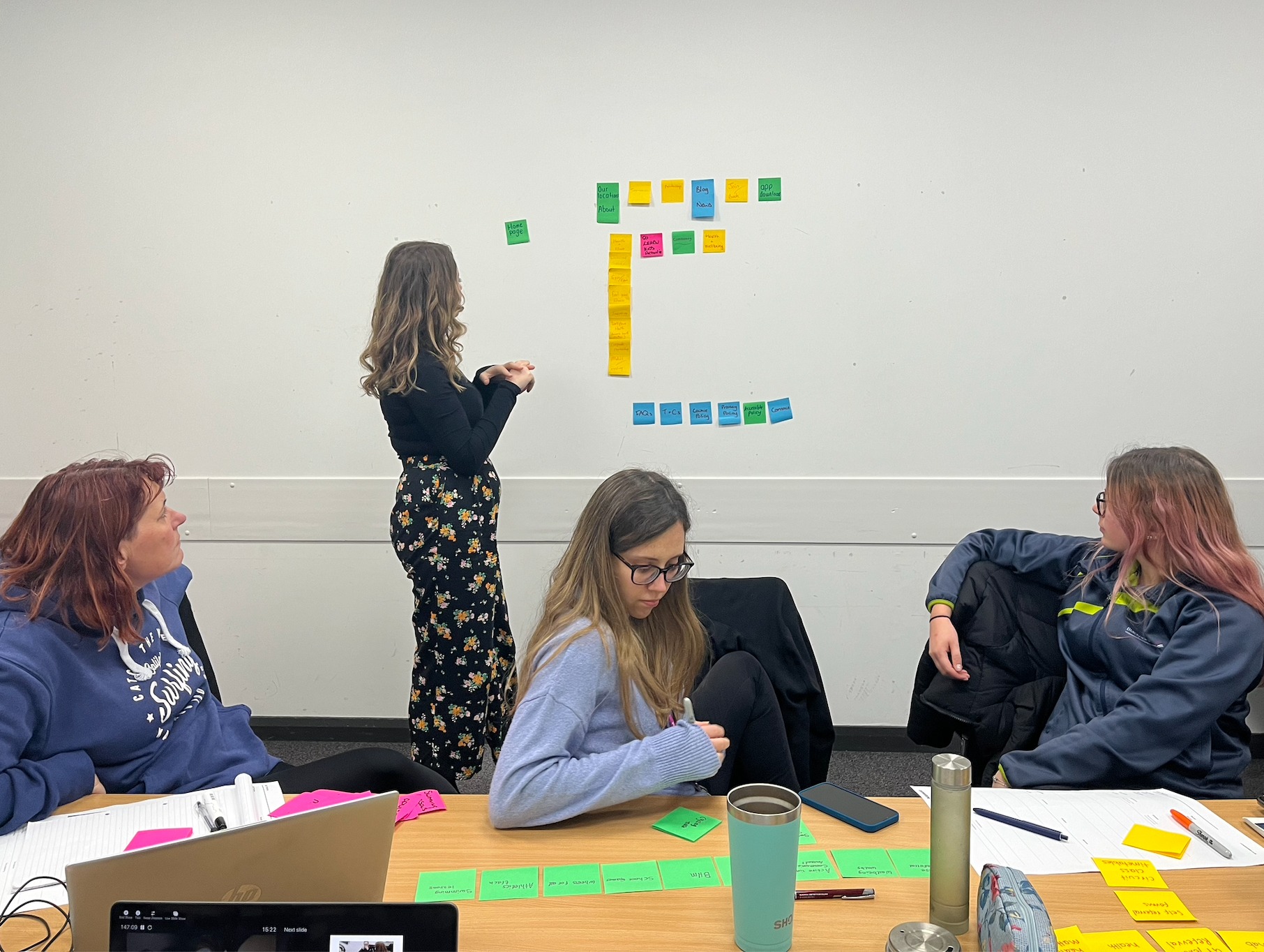 UX workshop in progress with Jess, Head of Digital, using post it notes on the wall to create site architecture