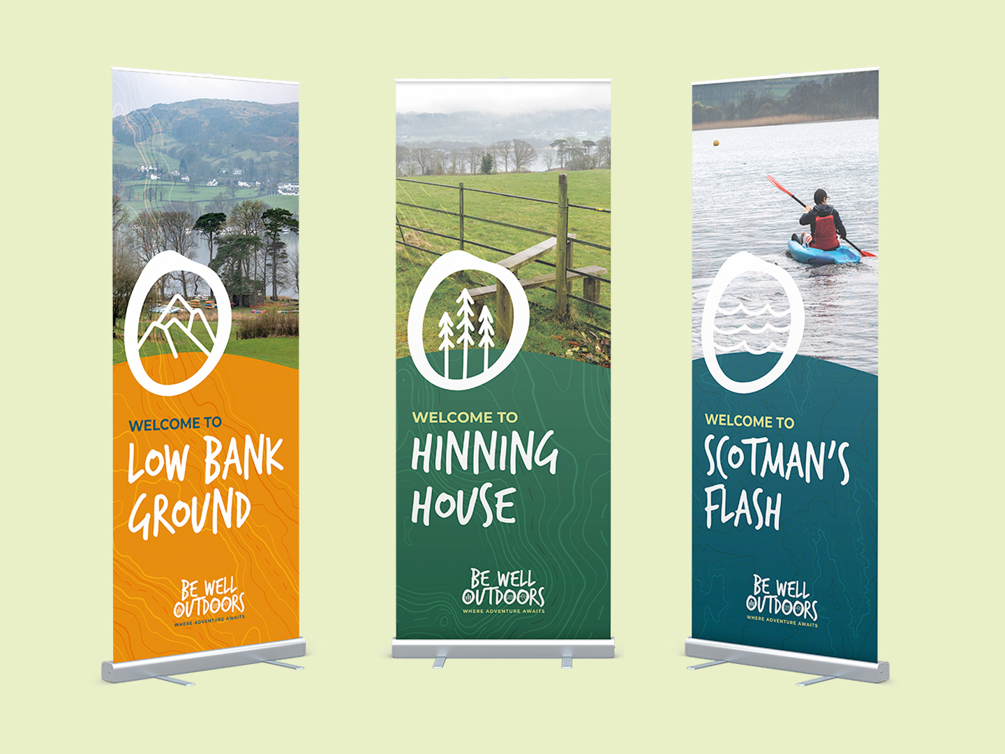 Visuals of a series of pull up banners for Be Well Outdoors