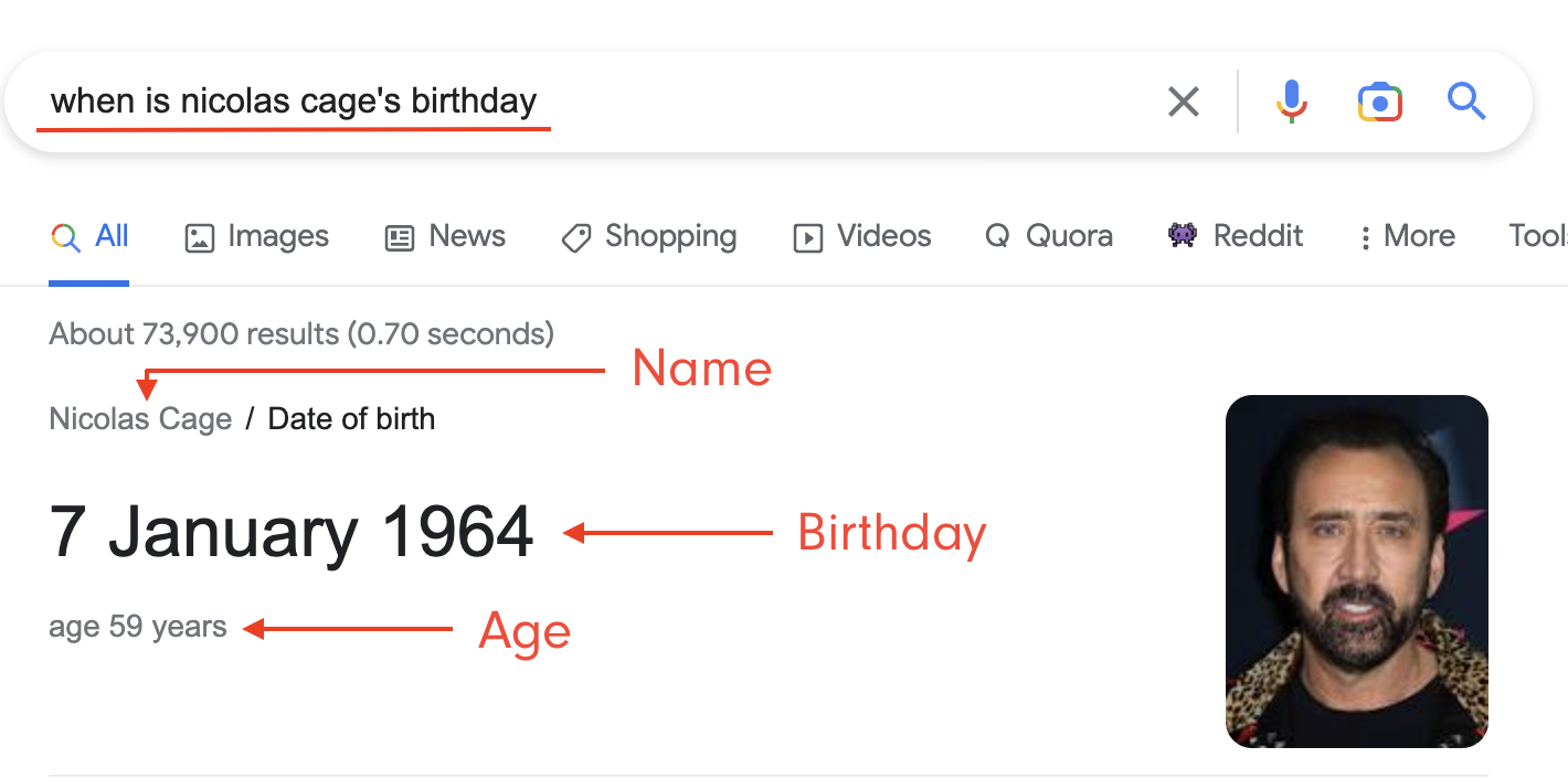 Google search showing: "when is nicholas cage's birthday" and results that show entities that are related to him