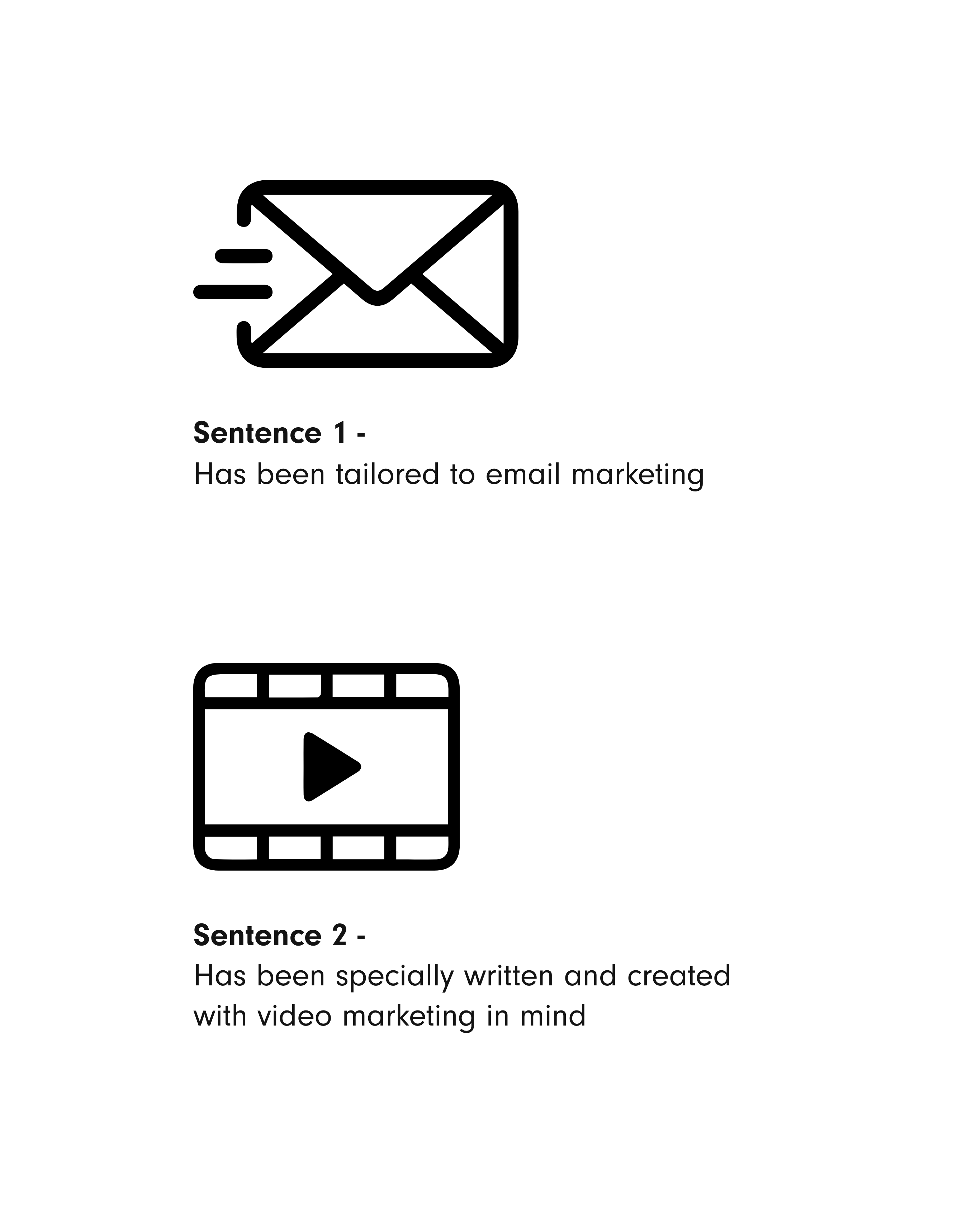 Infographic to describe strategic writing in action - showing how writing can be manipulated based on the medium; in this case email marketing vs video marketing